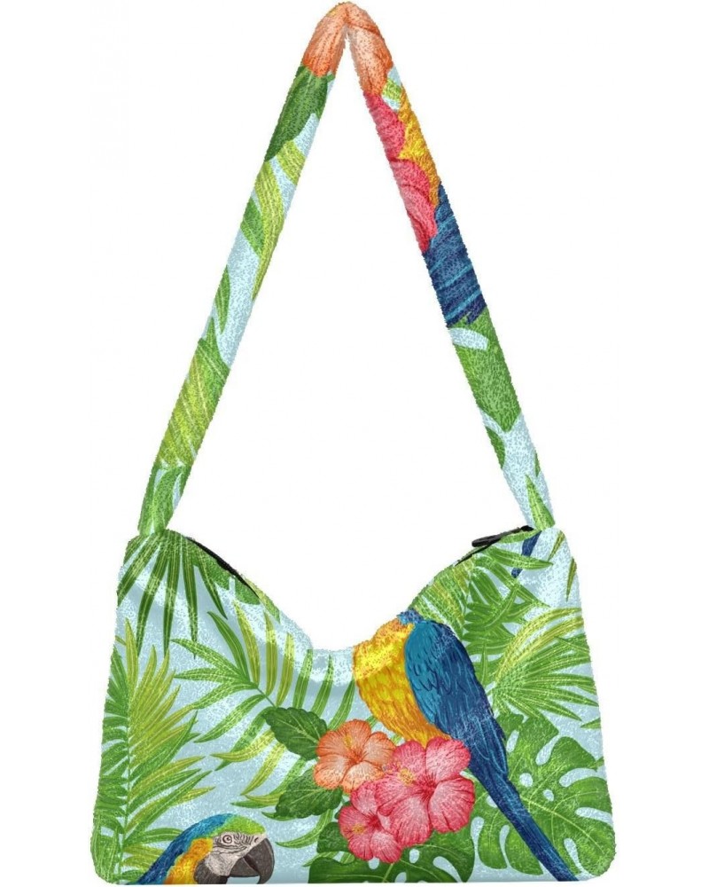 Tropical Floral Parrots Furry Tote Bag for Women Crossbody Bag Shoulder Hobo Bags Casual Handbags with Zipper for Shopping Wo...