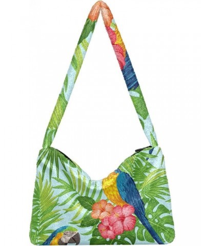 Tropical Floral Parrots Furry Tote Bag for Women Crossbody Bag Shoulder Hobo Bags Casual Handbags with Zipper for Shopping Wo...