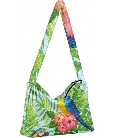 Tropical Floral Parrots Furry Tote Bag for Women Crossbody Bag Shoulder Hobo Bags Casual Handbags with Zipper for Shopping Wo...