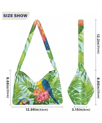 Tropical Floral Parrots Furry Tote Bag for Women Crossbody Bag Shoulder Hobo Bags Casual Handbags with Zipper for Shopping Wo...