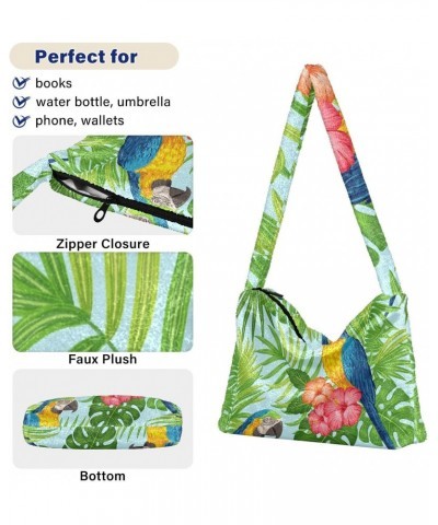 Tropical Floral Parrots Furry Tote Bag for Women Crossbody Bag Shoulder Hobo Bags Casual Handbags with Zipper for Shopping Wo...