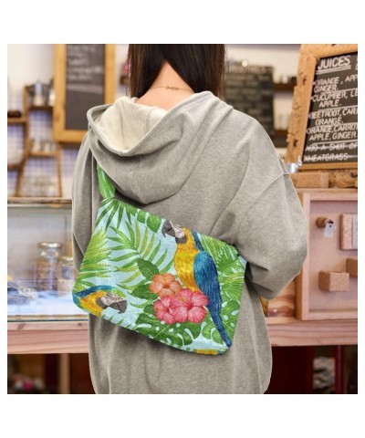 Tropical Floral Parrots Furry Tote Bag for Women Crossbody Bag Shoulder Hobo Bags Casual Handbags with Zipper for Shopping Wo...