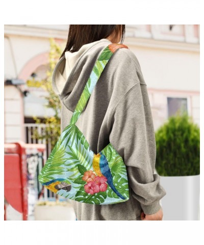 Tropical Floral Parrots Furry Tote Bag for Women Crossbody Bag Shoulder Hobo Bags Casual Handbags with Zipper for Shopping Wo...