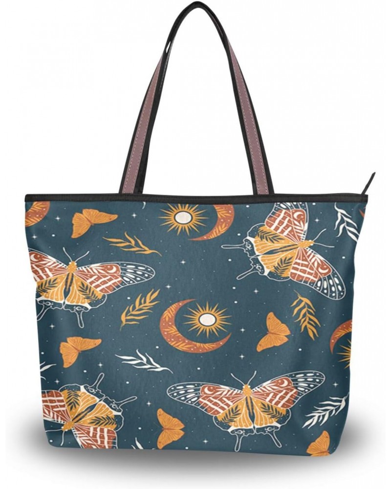 Womens Tote Bag, Boho Ethnic Moon Butterfly Ladies Zip Shoulder Handbags $12.71 Shoulder Bags