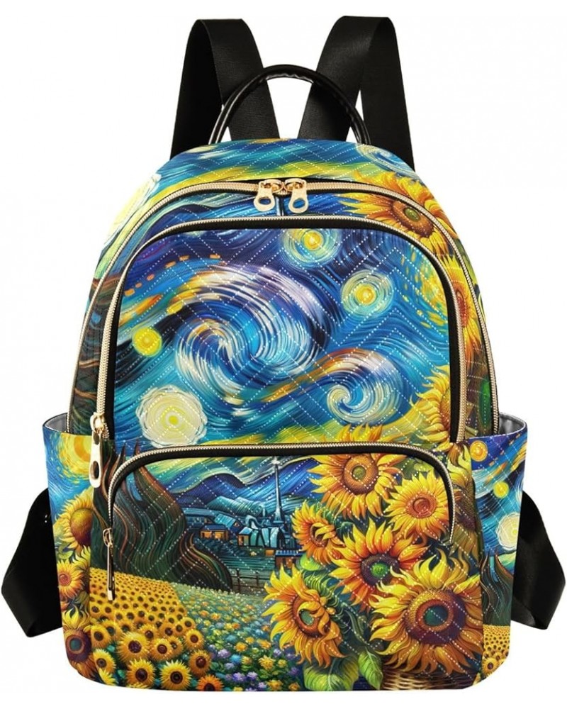 Sunflowers and Starry Night Quilted Backpack Purse for Women Womens Backpack Purse Small Anti Theft Backpack Sunflowers and S...