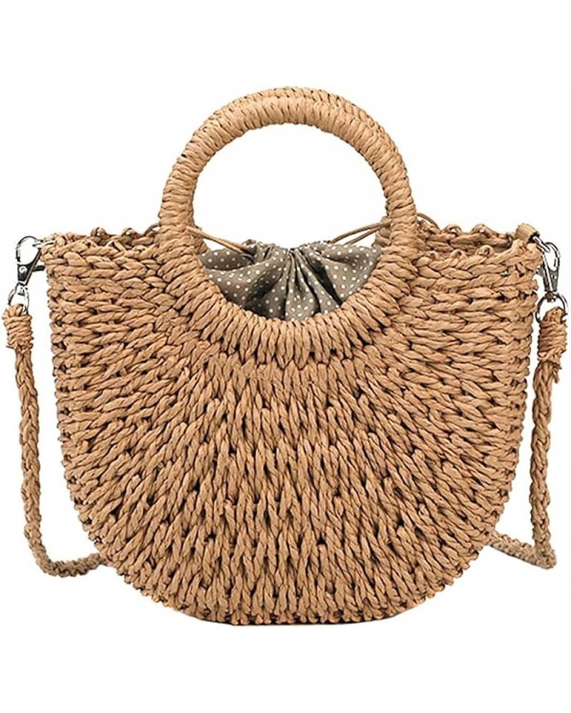 Straw Beach Bag Handmade Round Ladies Shoulder Bag Raffia Round Rattan Bag Bohemian Casual Woven Basket Handbag (Color : Khak...