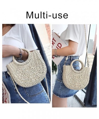 Straw Beach Bag Handmade Round Ladies Shoulder Bag Raffia Round Rattan Bag Bohemian Casual Woven Basket Handbag (Color : Khak...