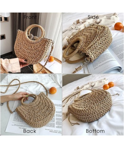 Straw Beach Bag Handmade Round Ladies Shoulder Bag Raffia Round Rattan Bag Bohemian Casual Woven Basket Handbag (Color : Khak...