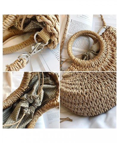 Straw Beach Bag Handmade Round Ladies Shoulder Bag Raffia Round Rattan Bag Bohemian Casual Woven Basket Handbag (Color : Khak...