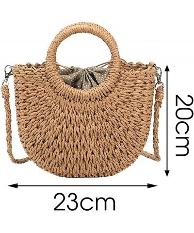 Straw Beach Bag Handmade Round Ladies Shoulder Bag Raffia Round Rattan Bag Bohemian Casual Woven Basket Handbag (Color : Khak...