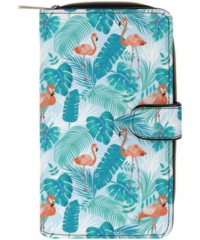 Pink Flamingo Floral Leaf Pattern Leather Wallets Large Capacity Zipper Pocket Card Holder with ID Window $19.78 Wallets