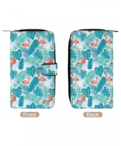 Pink Flamingo Floral Leaf Pattern Leather Wallets Large Capacity Zipper Pocket Card Holder with ID Window $19.78 Wallets