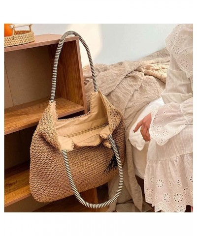 Summer new women's fashion simple single shoulder braided bag beach bag White $14.44 Shoulder Bags