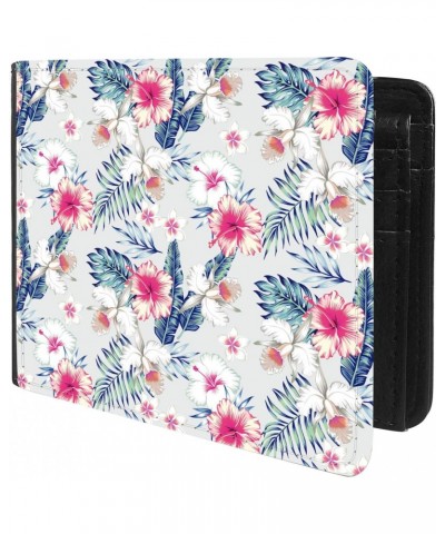 Unique Desige Pattern - Tropic exotic hibiscus flowers, orchid, plumeria trendy blue background, Slim Front Pocket Wallet Bil...