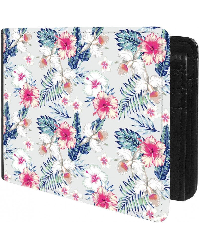 Unique Desige Pattern - Tropic exotic hibiscus flowers, orchid, plumeria trendy blue background, Slim Front Pocket Wallet Bil...