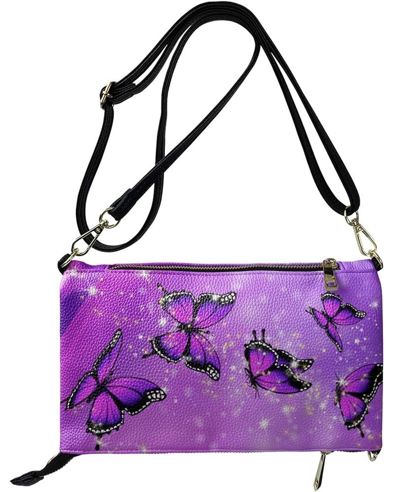 Leather Crossbody Purse for Women Long Over the Shoulder Purses Handbags Purple Butterfly $16.40 Shoulder Bags