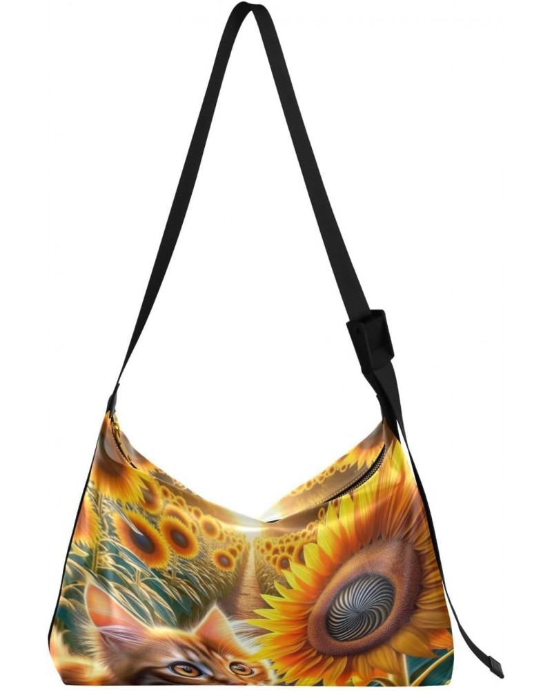 Casual Shoulder Bag Crossbody Cat Sunflower Sunrise Hobo Handbag Purses with Wide Shoulder Strap Cute Floral Kitten Trendy La...