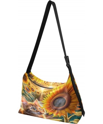 Casual Shoulder Bag Crossbody Cat Sunflower Sunrise Hobo Handbag Purses with Wide Shoulder Strap Cute Floral Kitten Trendy La...