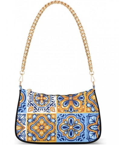 Mandala Talavera Tiles Fashion Quilted Crossbody Bag for Women Shoulder Evening Purse with Gold Chain & Smooth Zipper Tote Ha...