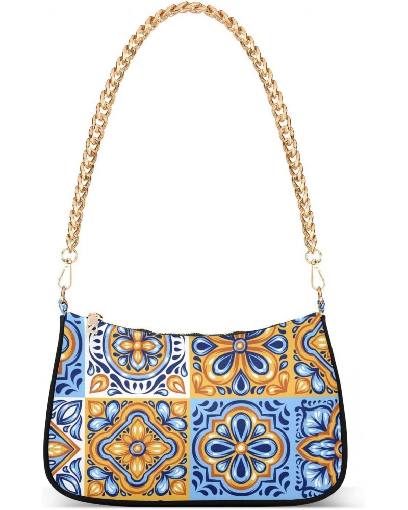 Mandala Talavera Tiles Fashion Quilted Crossbody Bag for Women Shoulder Evening Purse with Gold Chain & Smooth Zipper Tote Ha...