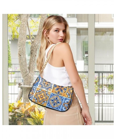 Mandala Talavera Tiles Fashion Quilted Crossbody Bag for Women Shoulder Evening Purse with Gold Chain & Smooth Zipper Tote Ha...