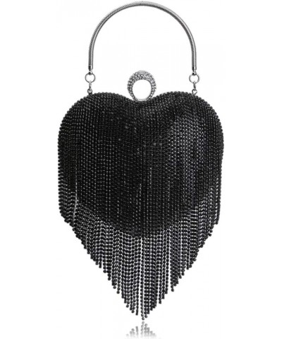 Women Luxury Heart Shape Tassel Evening Clutch Bag Rhinestones Wedding Party Purse Handbag Black $15.41 Evening Bags