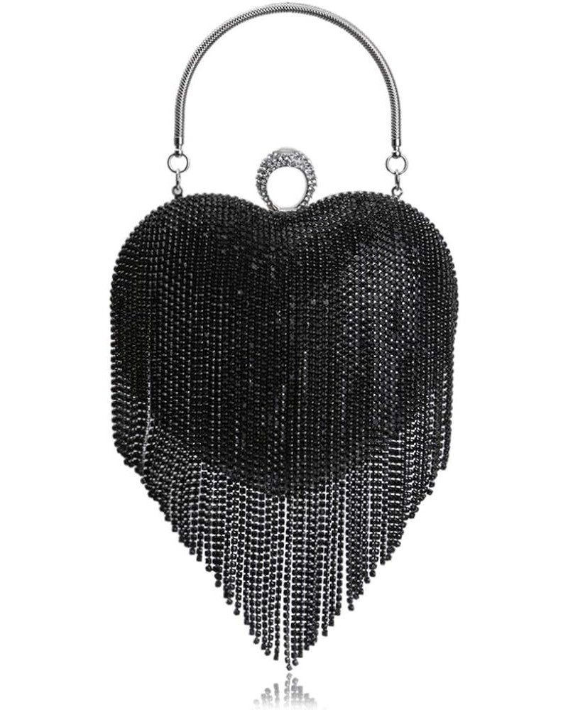 Women Luxury Heart Shape Tassel Evening Clutch Bag Rhinestones Wedding Party Purse Handbag Black $15.41 Evening Bags