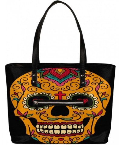 Happy Sugar Skull Tote Bag Women Shoulder Handbags PU Leather Everyday Bag with External Pocket Large Capacity Aesthetic Cord...