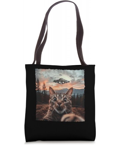 Extraterrestrial Encounter Cat Selfie With Ufo Tote Bag $13.63 Totes