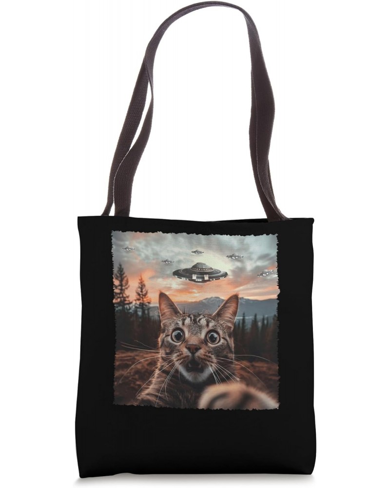 Extraterrestrial Encounter Cat Selfie With Ufo Tote Bag $13.63 Totes