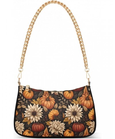 Vintage Autumn Flower Pumpkin Clutch Shoulder Bag for Women, Hobo Tote Handbag with Gold Chain, Crossbody Bag with Zipper Clo...