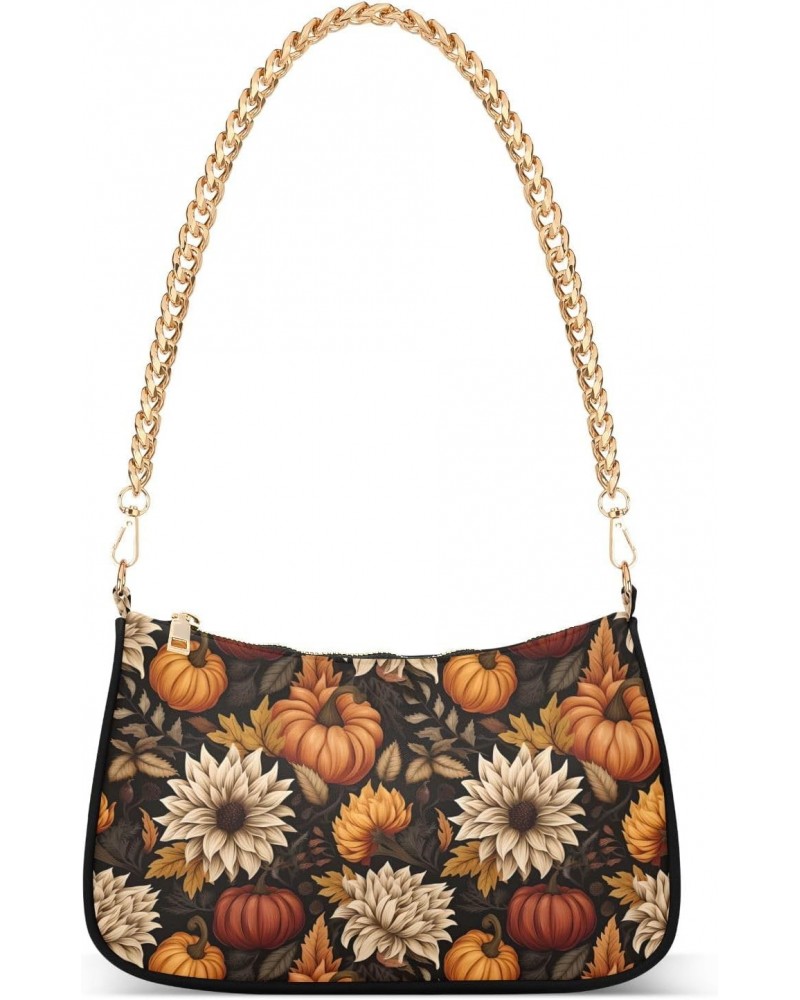 Vintage Autumn Flower Pumpkin Clutch Shoulder Bag for Women, Hobo Tote Handbag with Gold Chain, Crossbody Bag with Zipper Clo...