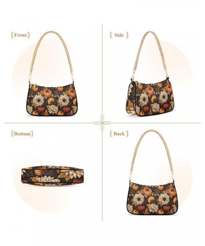 Vintage Autumn Flower Pumpkin Clutch Shoulder Bag for Women, Hobo Tote Handbag with Gold Chain, Crossbody Bag with Zipper Clo...