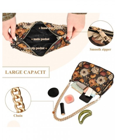 Vintage Autumn Flower Pumpkin Clutch Shoulder Bag for Women, Hobo Tote Handbag with Gold Chain, Crossbody Bag with Zipper Clo...