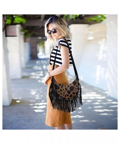 Tassel Crossbody Bag Leopard Print Black Spot Women Fringe Boho Handbag Hippie Purse Vintage Bohemian Shoulder Bag '70s Daily...