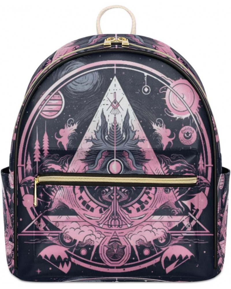 Pink Magic Painted Mini Backpack Purse for Women Teen Girls, Magic Geometry Leather Small Backpack Lightweight Casual Travel ...