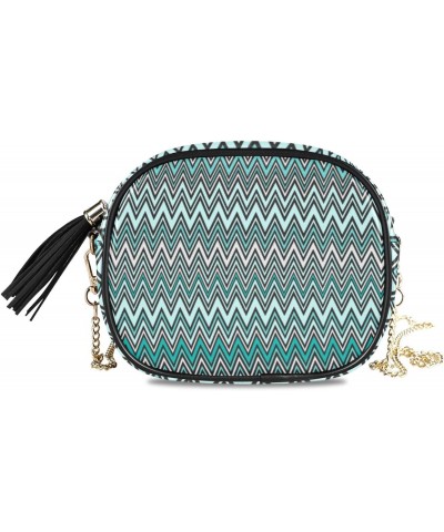 Small Crossbody Bag Teal Blue Zig Zag Womens Shoulder Chain Bag PU Leather Small Purse With Tassel $9.84 Shoulder Bags