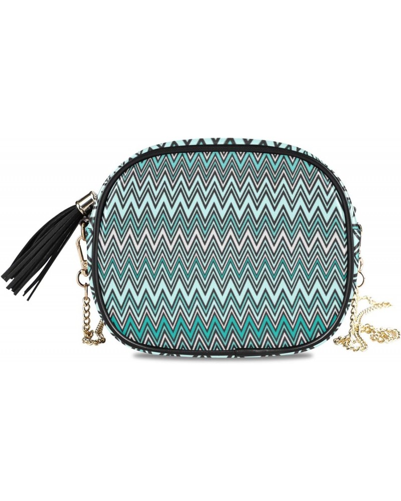 Small Crossbody Bag Teal Blue Zig Zag Womens Shoulder Chain Bag PU Leather Small Purse With Tassel $9.84 Shoulder Bags