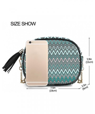 Small Crossbody Bag Teal Blue Zig Zag Womens Shoulder Chain Bag PU Leather Small Purse With Tassel $9.84 Shoulder Bags