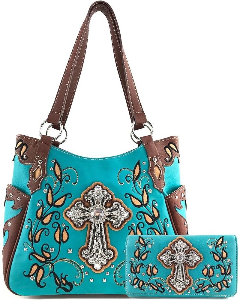 Western Floral Rhinestone Side Pocket Cross Slim Handle Conceal Carry Handbag Purse Tote and Strap Wallet Turquoise Purse and...