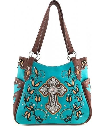 Western Floral Rhinestone Side Pocket Cross Slim Handle Conceal Carry Handbag Purse Tote and Strap Wallet Turquoise Purse and...