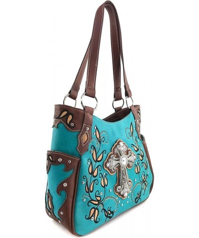 Western Floral Rhinestone Side Pocket Cross Slim Handle Conceal Carry Handbag Purse Tote and Strap Wallet Turquoise Purse and...