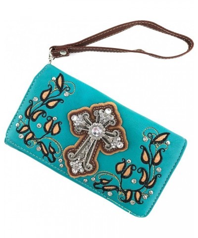 Western Floral Rhinestone Side Pocket Cross Slim Handle Conceal Carry Handbag Purse Tote and Strap Wallet Turquoise Purse and...