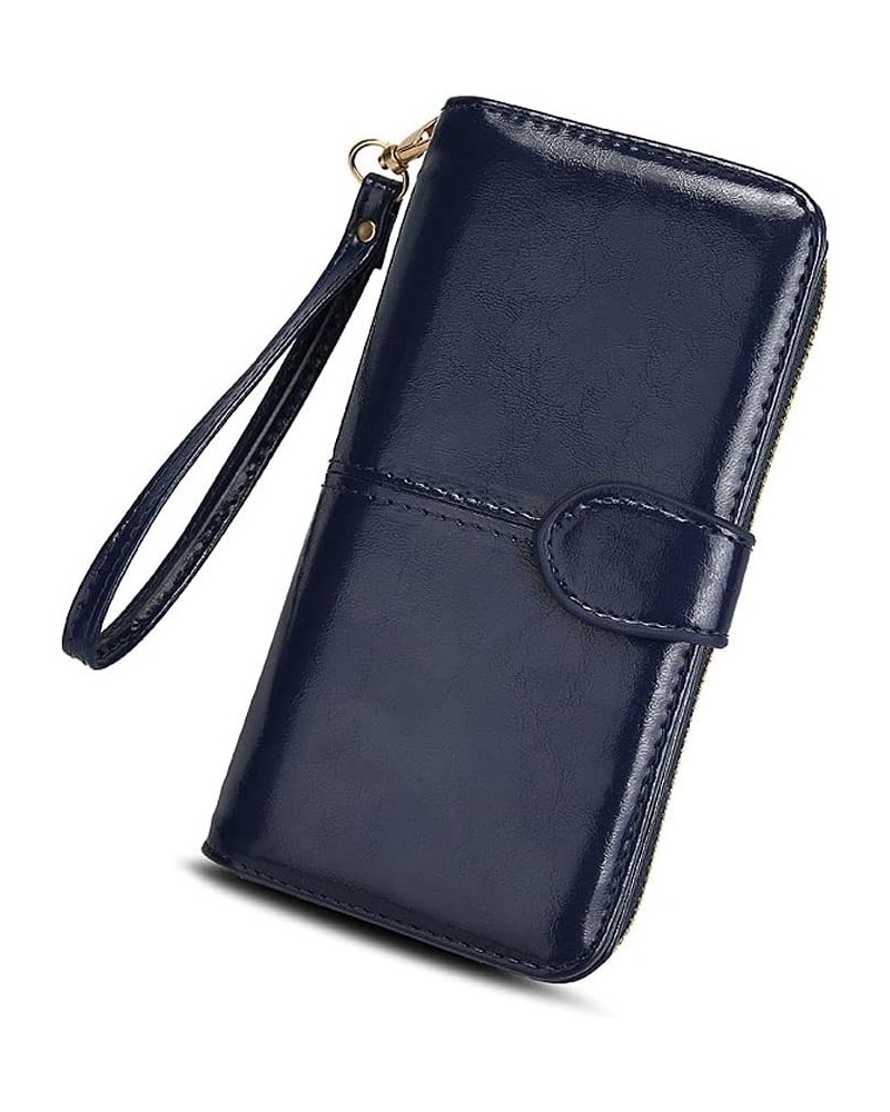 Womens， Blocking Large Capacity Luxury Waxed Genuine Leather Clutch Wallet Multi Card Organizer Blue $18.59 Wallets