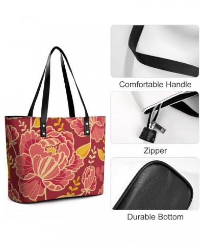 Womens Handbag Flowers Red Leather Tote Bag Top Handle Satchel Bags For Lady $20.29 Totes