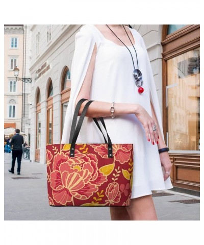 Womens Handbag Flowers Red Leather Tote Bag Top Handle Satchel Bags For Lady $20.29 Totes