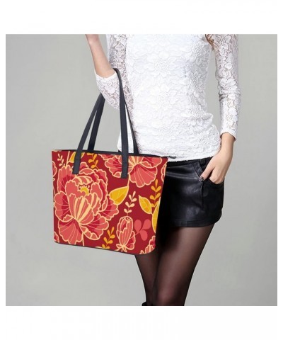 Womens Handbag Flowers Red Leather Tote Bag Top Handle Satchel Bags For Lady $20.29 Totes