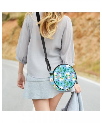 Alpaca Llama Blue Crossbody Bag for Women Teen Girls Round Canvas Shoulder Bag Purse Tote Handbag Bag $11.12 Totes