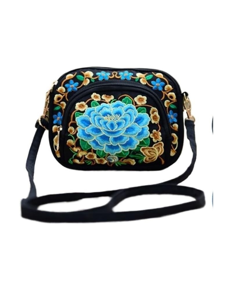 Women Shoulder Bag Travel Pouch Vintage Floral Embroidered Crossbody Zip Bag Embroidered Mobile Phone Bag Blue Peony $18.13 S...