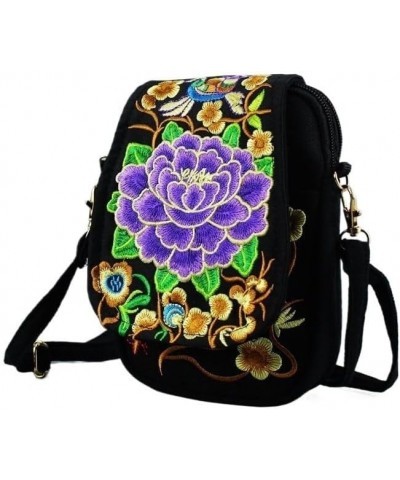 Women Shoulder Bag Travel Pouch Vintage Floral Embroidered Crossbody Zip Bag Embroidered Mobile Phone Bag Blue Peony $18.13 S...